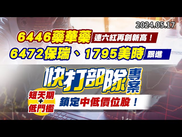 20240517《股市最錢線》#高閔漳 “6446藥華藥，連六紅再創新高！6472保瑞、1795美時跟進”” 快打部隊專案，短天期低門檻，鎖定中低價位股”