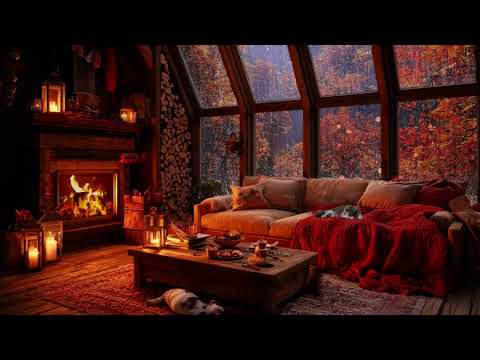 Rainy Autumn Day with Crackling Fireplace in a Cozy Hut Ambience | Relax, Sleep or Study