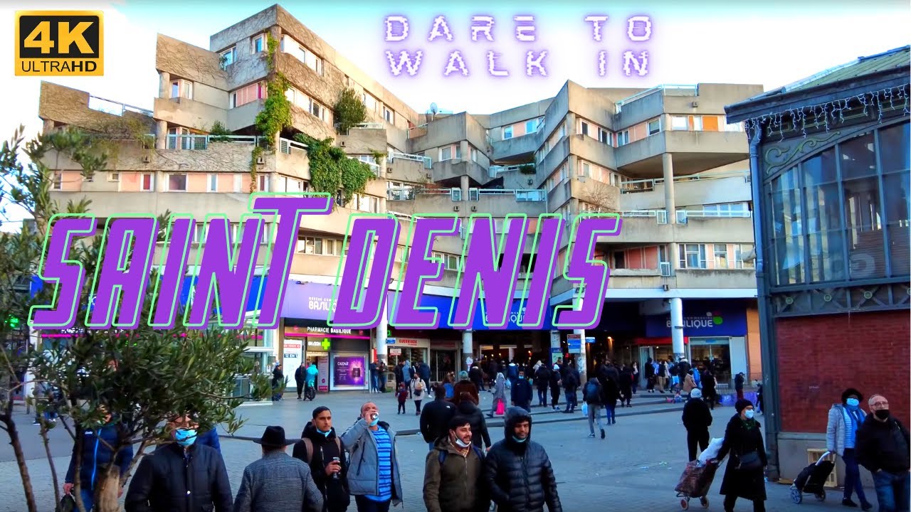 [4K] Saint Denis Paris banlieu walk tour: Stade de France, basilique, brutalist architecture