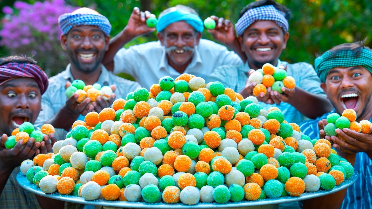 SWEET BALLS | COLORFUL RAVA LADDU | Sooji Ladoo Recipe Cooking in Village | Easy Festival Sweet
