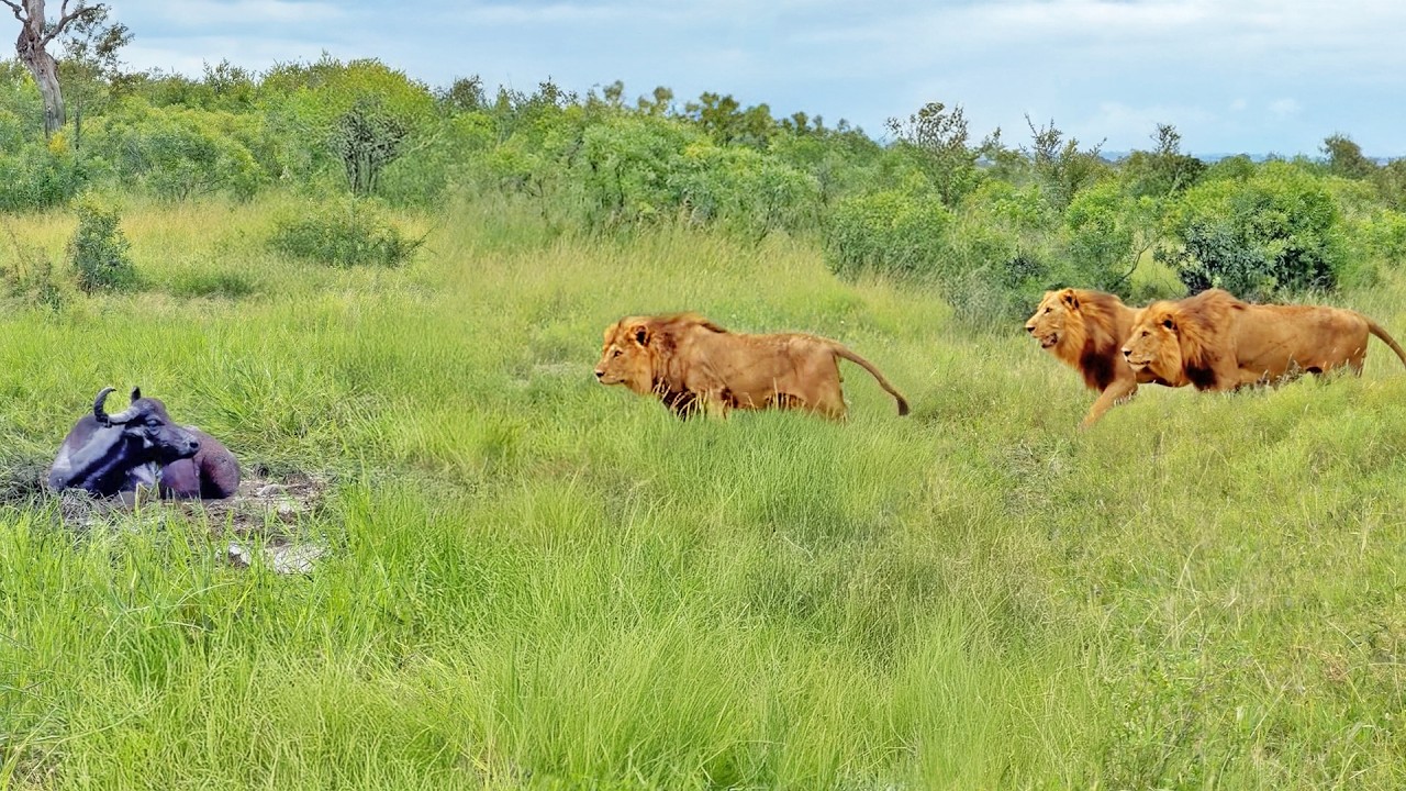 3 Male Lions Casually Stroll up to Buffalo Chilling in the Mud