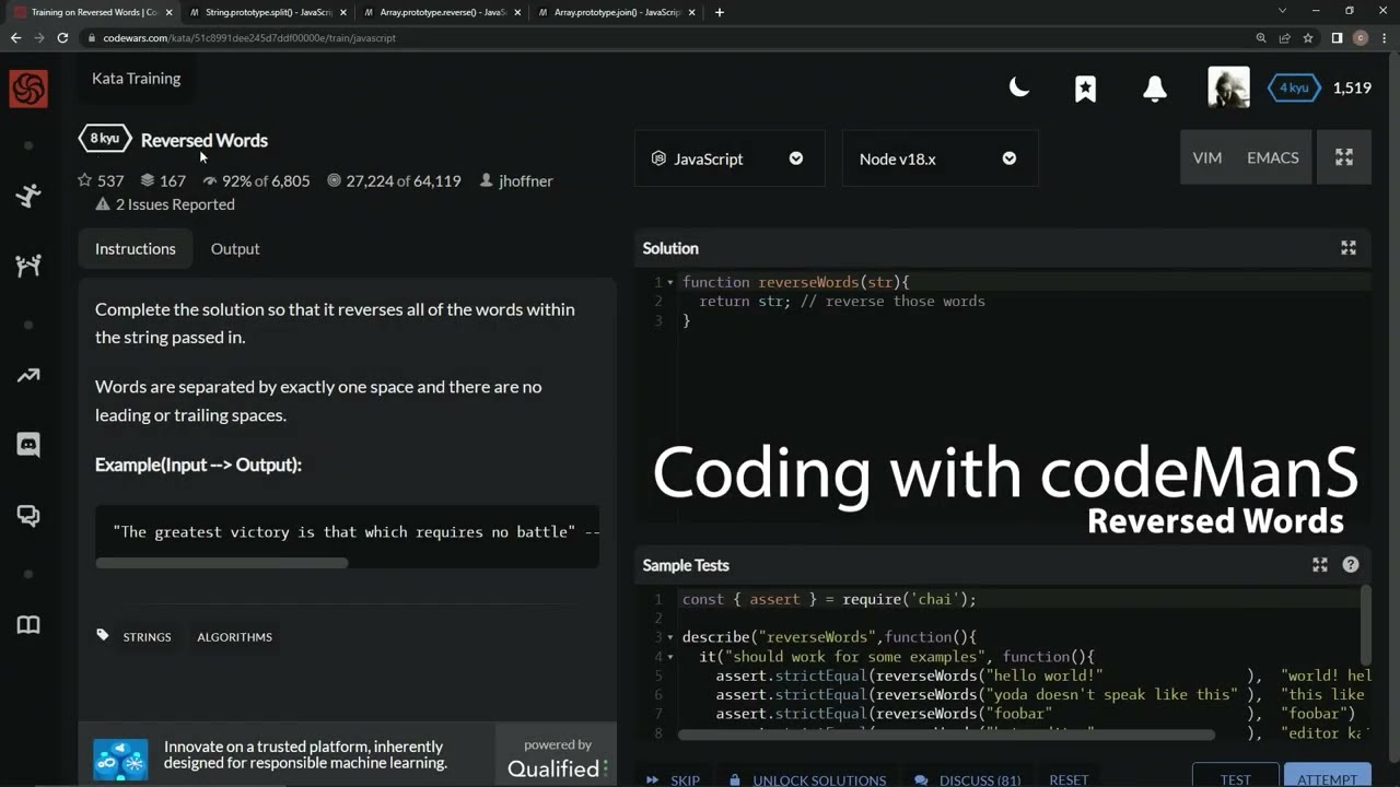 Codewars 8 kyu Reverse Words Javascript