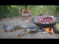 Amazing Catch Big Snake by Hand n Cooking to Survival in Forest