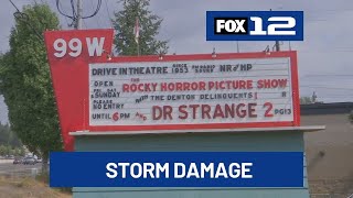 Abandoned theater building at Newberg’s 99W Drive-In heavily damaged by storm