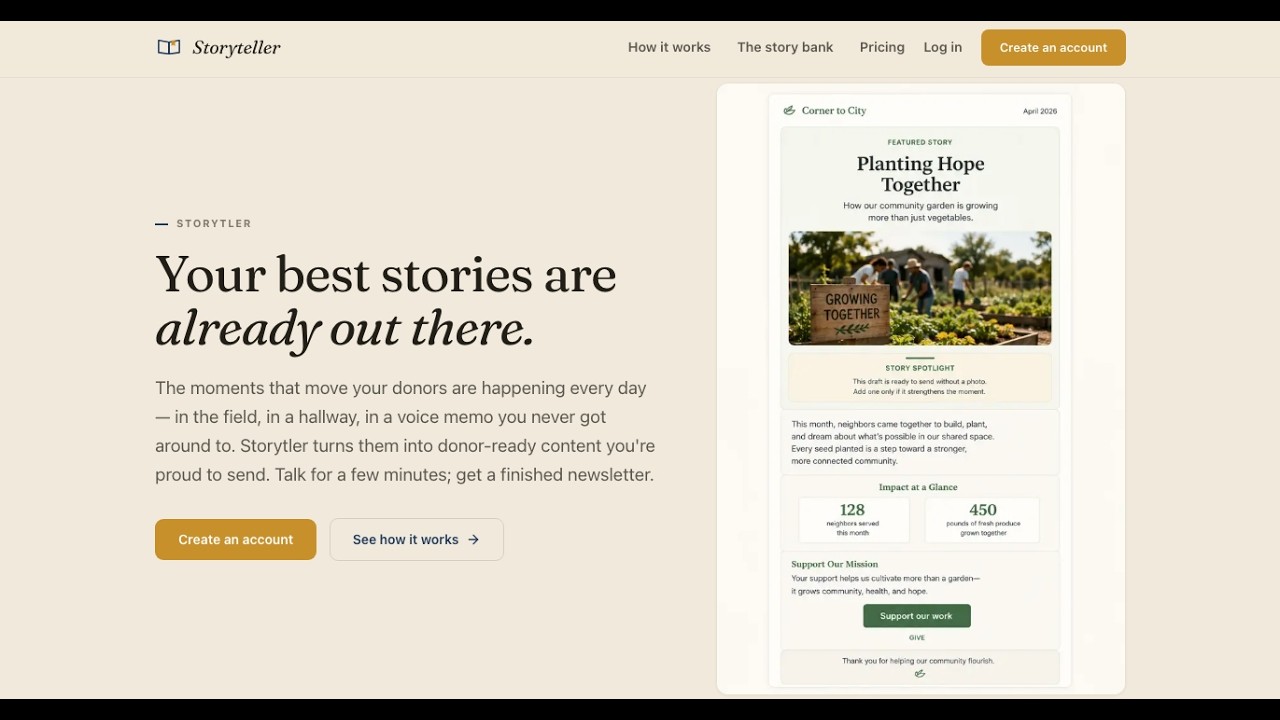 A short look at how Storytler turns one voice memo into a finished donor newsletter