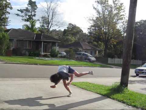 cork on concrete, standing full, backhandspring to backflip and other crazy stuff.