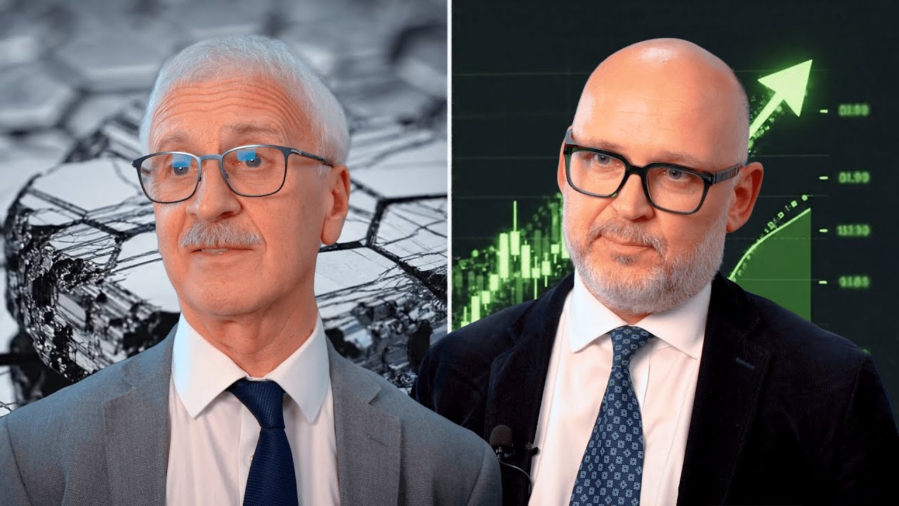 Split-screen portrait featuring two men against different backgrounds - graphite, and an upward-trending stock chart