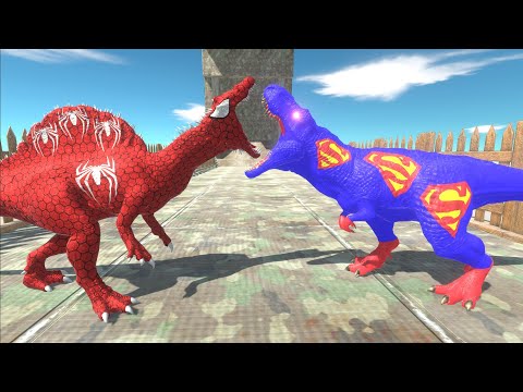 SPIDERMAN SPINOSAURUS vs SUPERMAN T REX DEATH FALL - Animal Revolt Battle Simulator