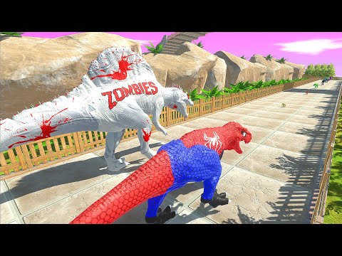 SPIDERMAN T-REX vs ZOMBIE SPINOSAURUS MOUNTAIN DEATH CLIMB - Animal Revolt Battle Simulator