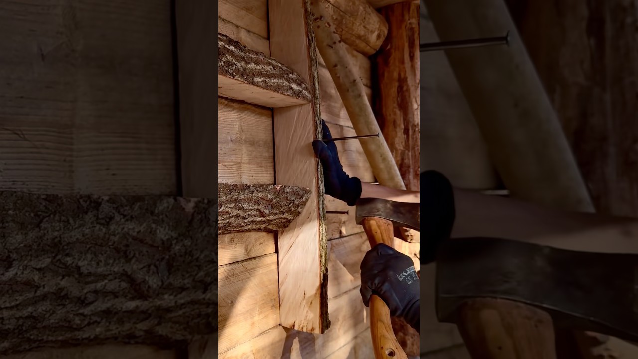 bush craft shelter (17)  山小屋の小窓作り！