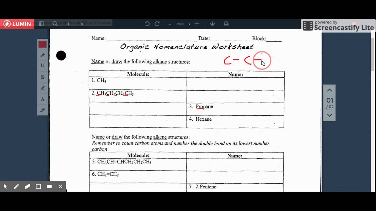 TUTORIAL Organic Nomenclature Worksheet Part 1