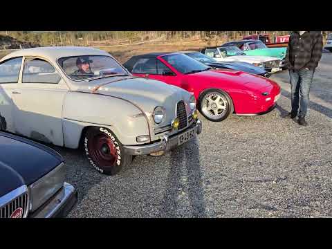 1961 Saab 96 two stroke leaves car meet