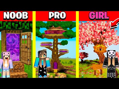 Minecraft Battle: INSIDE TREE HOUSE BUILD CHALLENGE - NOOB vs PRO vs GIRL / Animation