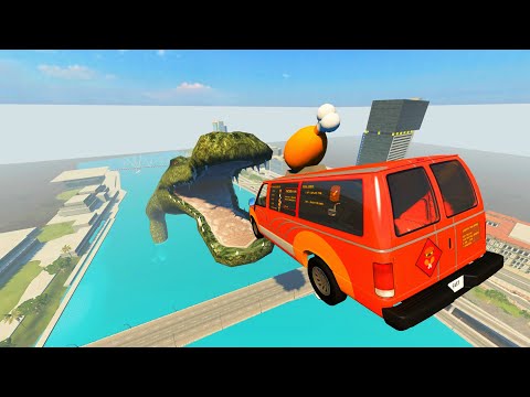 Cars Jumping Into Giant Crocodile Mouth Crashes - Beamng drive