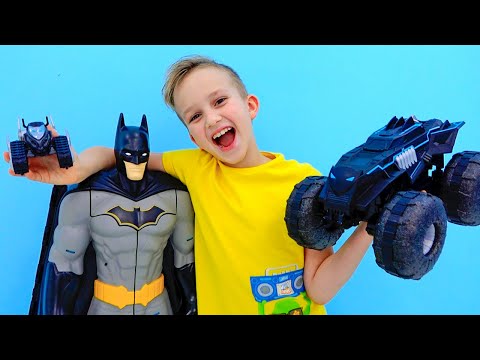ينقذ فلاد ونيكي كهف باتكاف ويلعبان مع باتموبيل آر سي - قصة لعبة للأطفال