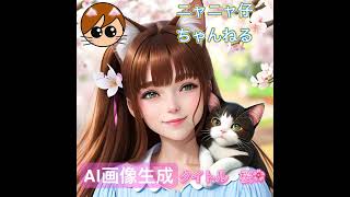 #AI画像生成 #春 #桜満開 #白い猫 #猫耳