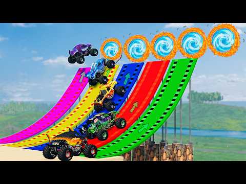 5 Monster Truck VS BIG Ramp -  Crash and Save Monster Trucks