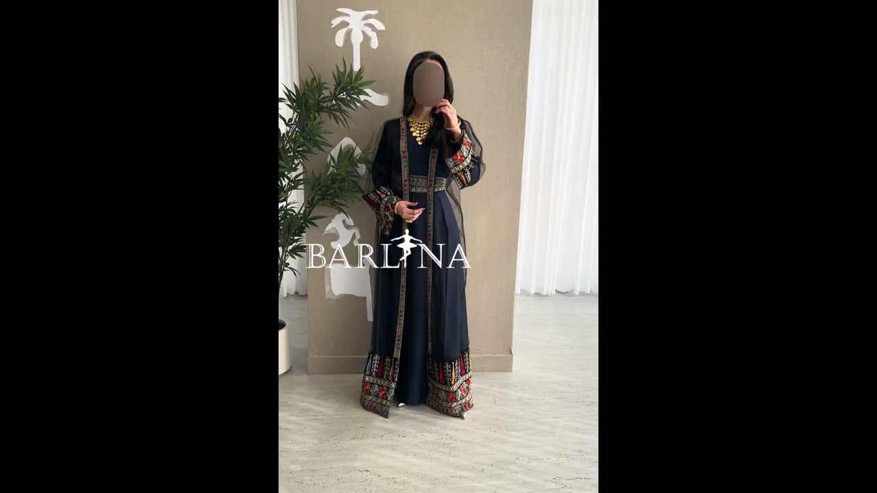 Navy blue jalabiya with colorful traditional embroidery - S