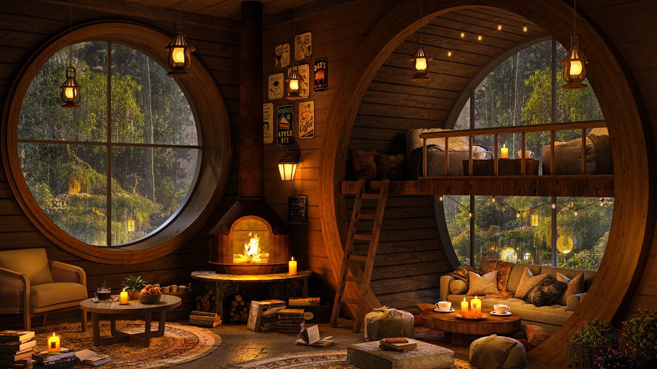 Cozy Hobbit House in Forest 🍀 Rainy Day with Dreamy Jazz Music Fireplace For Relax, Study and Sleep.