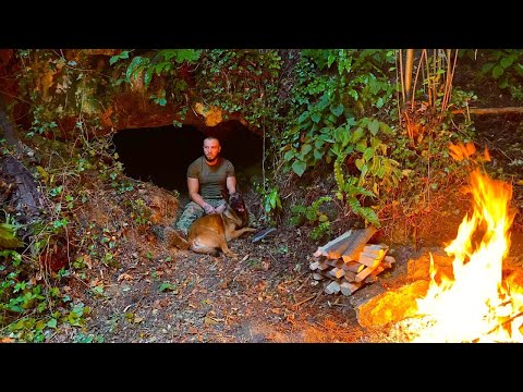 Solo Camping in NATURAL SURVIVAL SHELTER, Abandoned Village in the Forest, Bushcraft in a cave