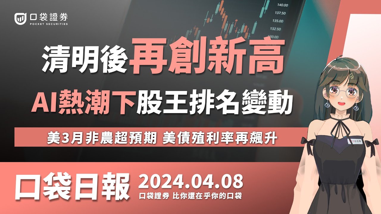【口袋日報】清明後再創新高,AI熱潮下股王排名變動,美3月非農超預期,美債殖利率再飆升! 2024.04.08