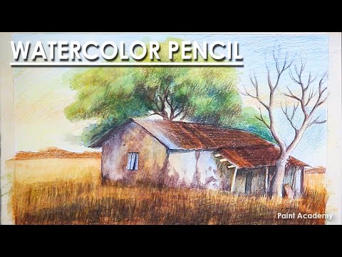 Watercolor Pencil House Landscape Declined House | step by step strokes to follow