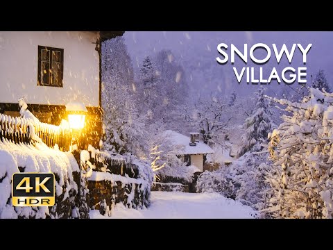 4K HDR Snowy Village - Peaceful Snowing at Dusk - Winter in Bulgaria - Relaxing Snowfall Video