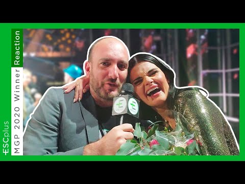 Ulrikke Brandstorp (Norway 2020) and Morland react onstage after winning MGP 2020