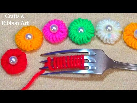 Amazing Trick with Fork - Super Easy Woolen Flower Making Ideas - Hand Embroidery Flower Design