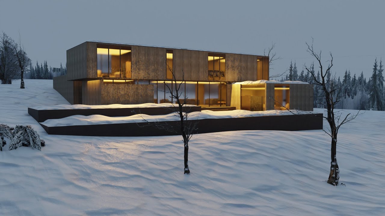 雪景中的现代冬季小屋 3D 模型