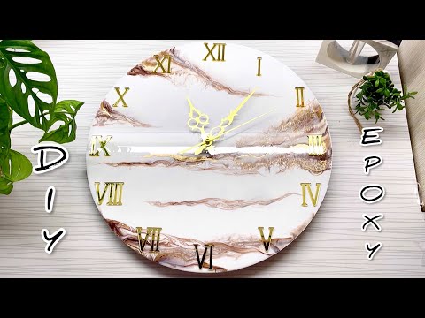 DIY. Epoxy Resin wall clock. White and Gold. Resin Art.