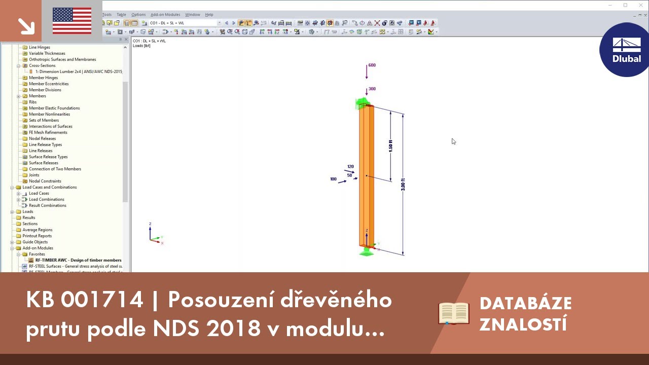 KB 001714 | Posouzení kombinovaně namáhaného dřevěného prutu podle NDS 2018 v modulu RF-/TIMBER AWC