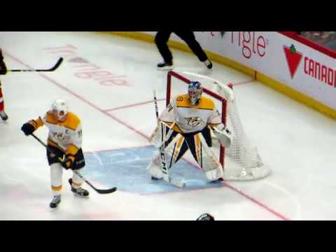 Juuse Saros in action during the Predators @ Senators hockey game