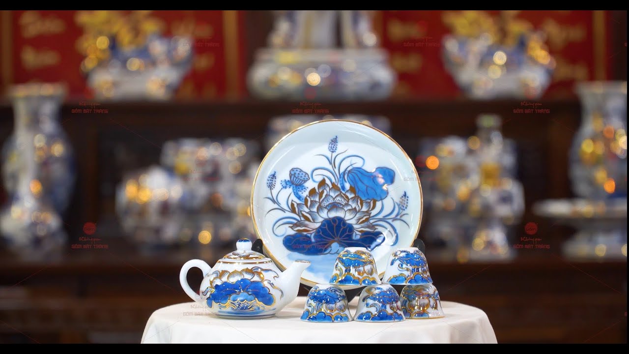 Bộ Ấm Chén Thờ Men Lam Nổi Vẽ Vàng Kim