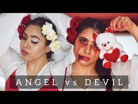 Angel vs Devil Halloween Makeup Look || Halloween 2020 || Last minute Halloween makeup ideas||