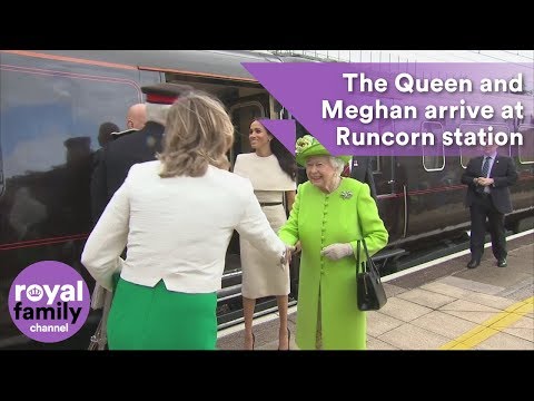 Queen and Meghan, Duchess of Sussex arrive at Runcorn station and visit Widnes