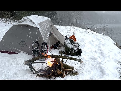 Snowstorm Blizzard Overnight in Tent on the Lake - Winter Bushcraft Camping  and Cooking