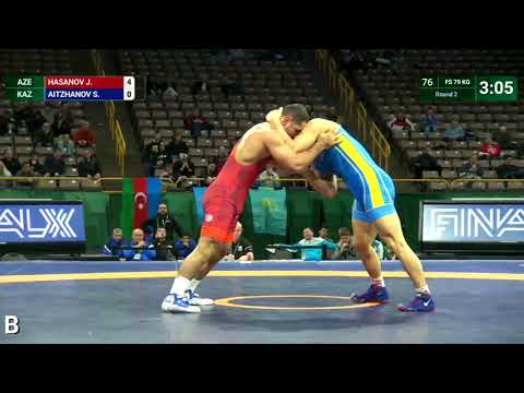 Round 2 FS - 79 kg: J. HASANOV (AZE) v. S. AITZHANOV (KAZ)