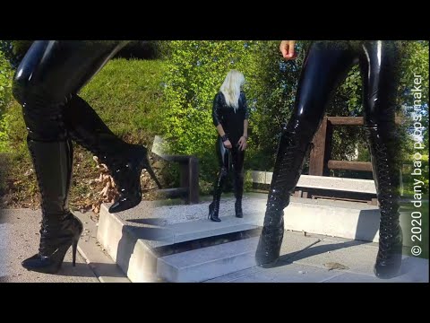 DANA LABO - my super blonde wife, shopping in shiny boots high heels 15 cm, pvc leggings and jacket