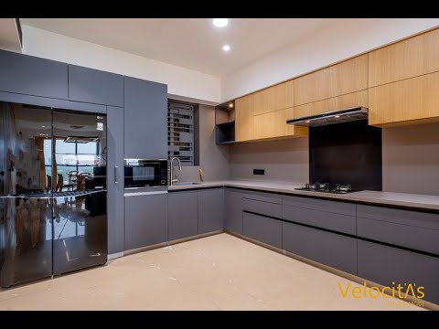 Grey & Veneer Modular Kitchen Design
