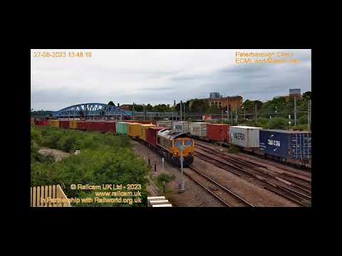 DB Schenker class 66001 arriving, idling & departing Peterborough cams