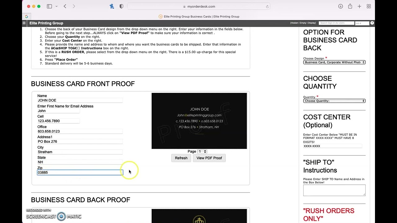 Elite Printing Group portal demonstration showing business card customization, live proofing, and ordering interface