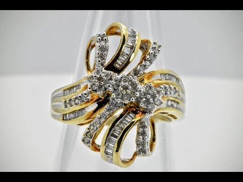 10kt Yellow Gold Pave Cluster Flower Round Baguette White 1ct Diamond Ring Sz 7
