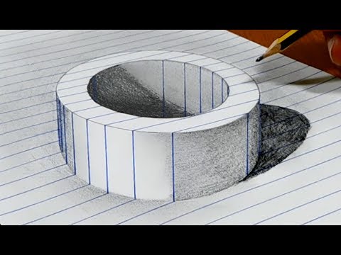 3D Trick Art, Draw a Round Hole in Line Paper with Graphite Pencil