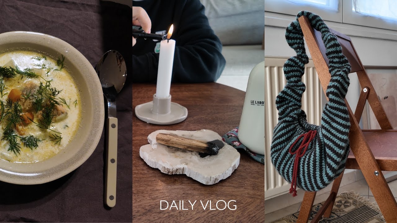 [vlog] おうちで過ごすヨーロッパの冬｜棒針で編むシュシュバッグ｜北欧サーモンスープ作り｜Scrunchie Bag