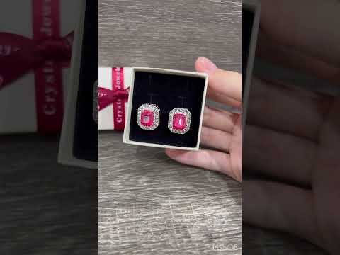 Подарок девушке серьги "Классика розовый сапфир" с цирконами в серебристой оправе в коробочке - фото 1 - id-p2366939945