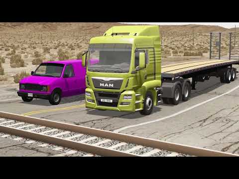 Flatbed Trailer Truck Transporter Rescue - Car vs Rails and Trains - BeamNG.drive #6