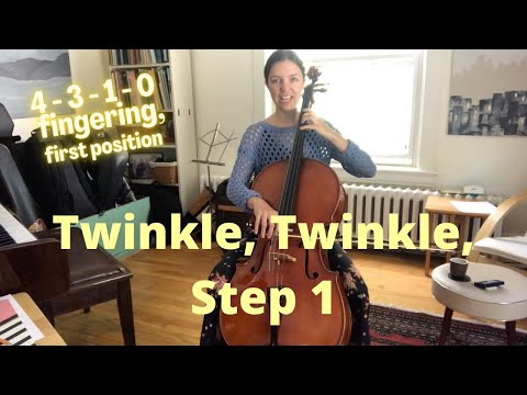Lesson 1, Twinkle Twinkle on Cello: 4-3-1-0 fingering (G-F#-E-D)  in First Position, D string 1/3
