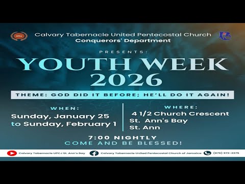 🔴 Jan 27, 2026 | Youth Week 2026 Night 3 | Minister Sean Stewart| Calvary Tabernacle UPCJ 🔴