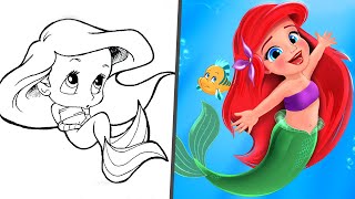 Baby Ariel Disney princess! How to draw and color